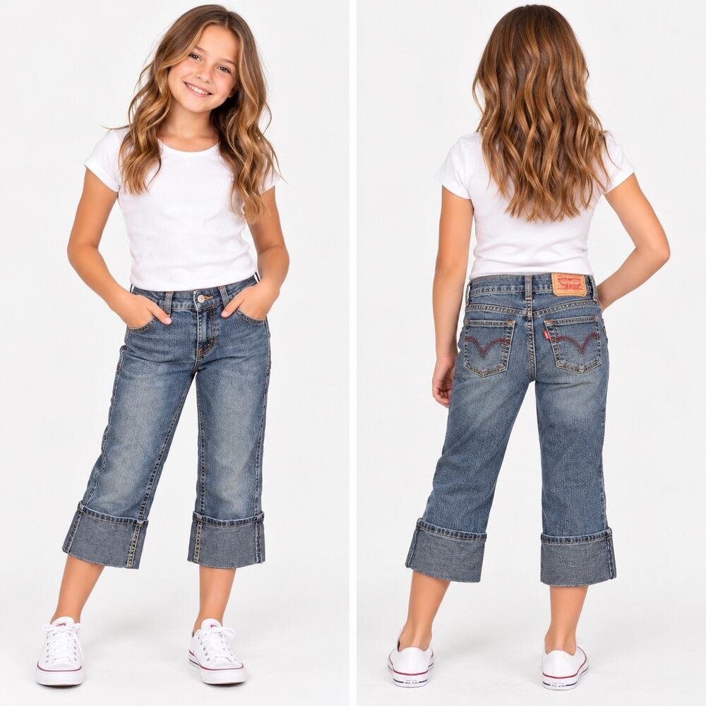 Vintage Levis Girls Jeans Size 10 Blue Denim Capri Cropped Pants Wide Leg
